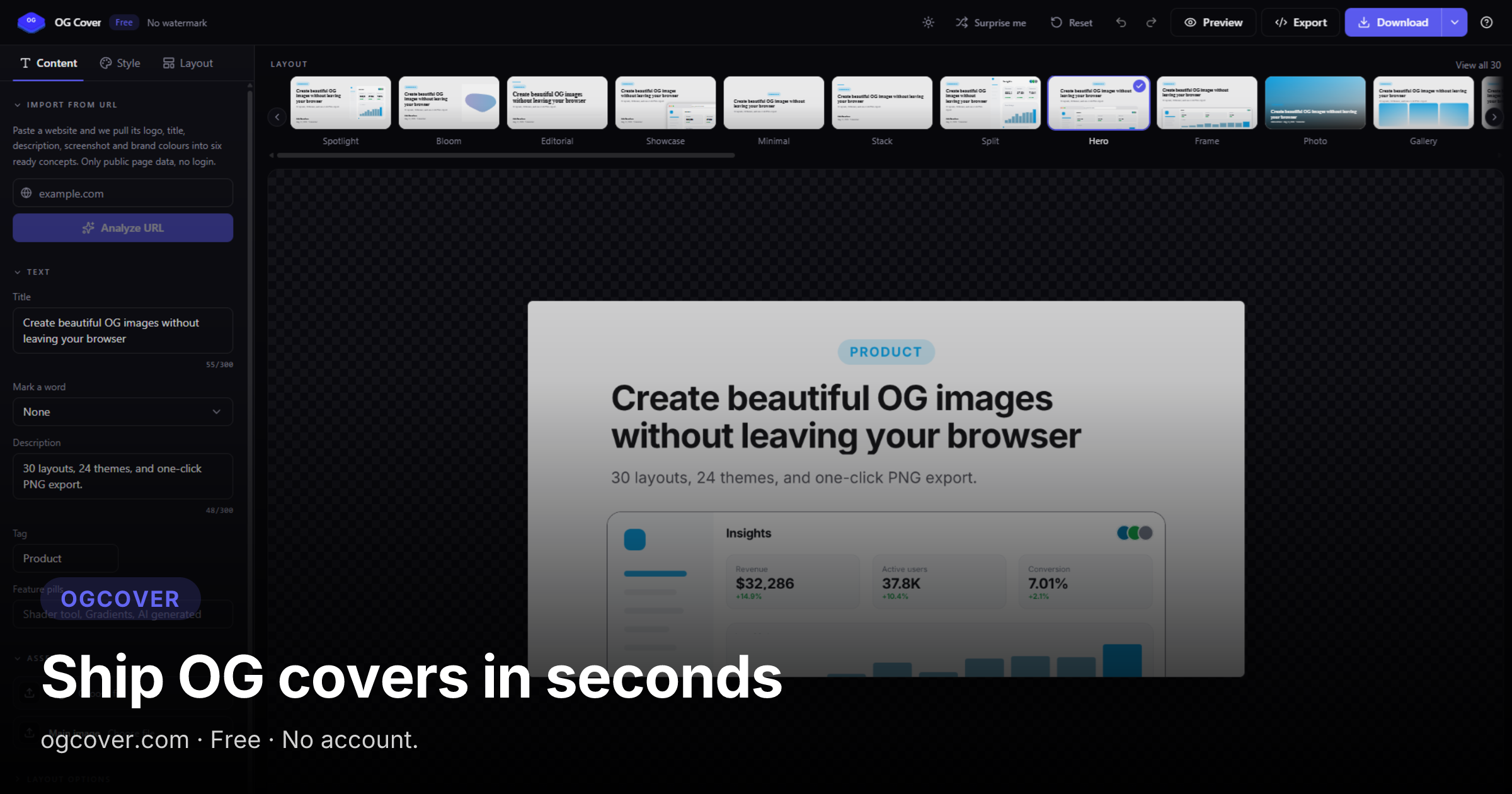 Free OG image generator - no account, no watermark, nothing stored